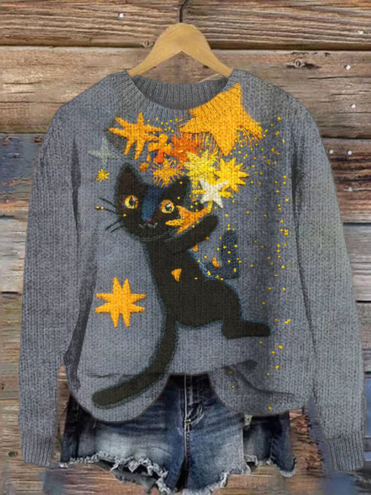 Cat Picking Stars Knit Crew Neck Cozy Sweater artswardrobe