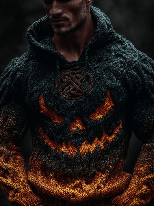 Men's Halloween Pumpkin Viking Celtic Gradient Cozy Chunky Hooded Sweater elevenforest