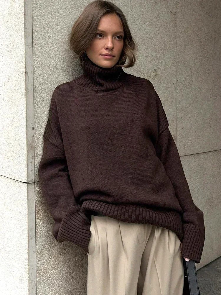 Cotton Oversized Turtleneck Sweater with Dropped Shoulders in Chocolate Brown