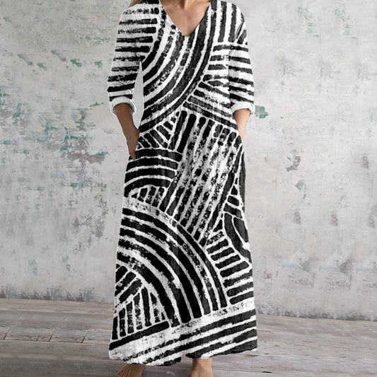Soft Abstract Lines Pattern Linen Maxi Dress artswardrobe