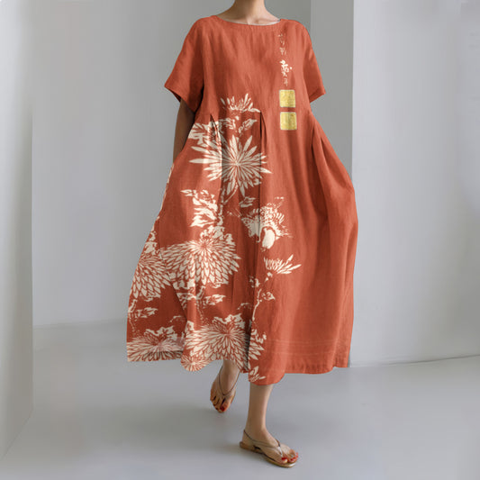 Comstylish Vintage Chrysanthemum Print Round Neck Loose Midi Dress