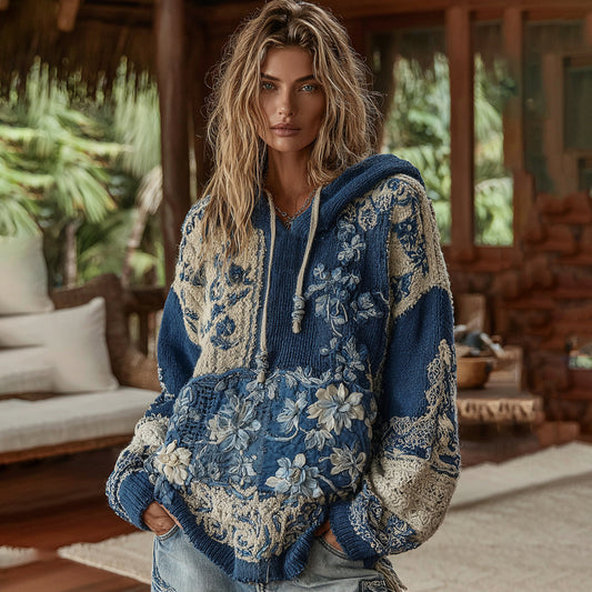 Comstylish Vintage Bohemian Floral With Japanese Traditional Sashiko Patchwork Art Embroidery Inspired Hooded Sweater