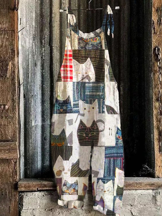 Comstylish Boho Vintage Cat Women's Linen Jumpsuit
