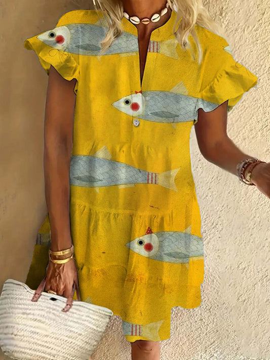 Yellow Fish Art Print Ruffled Short-sleeved V-neck Buttoned Dress Vacation Beach Dress