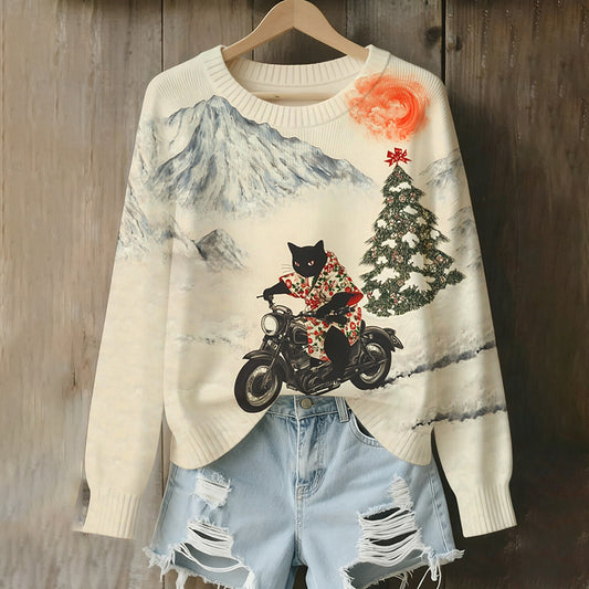 Comstylish Women's Christmas Black Cat Riding A Motorcycle On A Snowy Mountain Print Knit Sweater