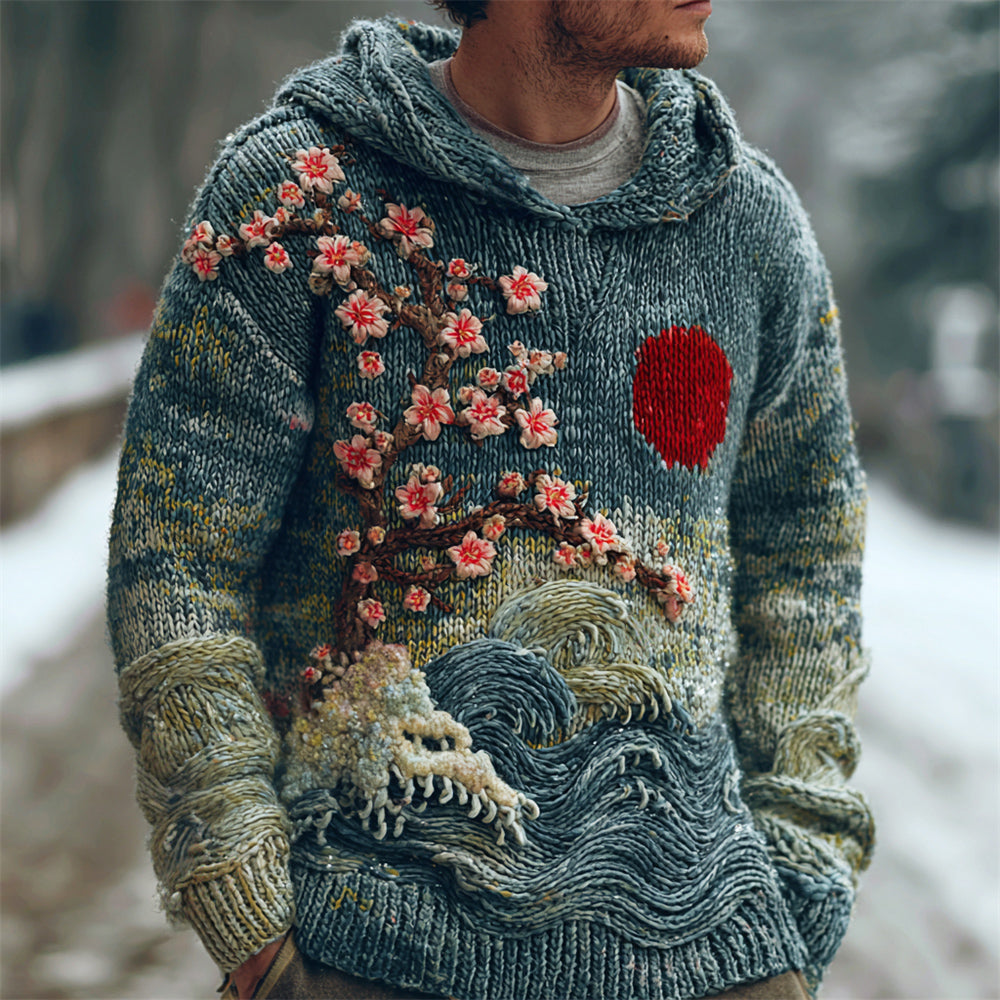 Japanese Plum & Red Sun Men's Knit Hooded Sweater artswardrobe