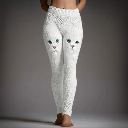 Comstylish Cute Cat Face Embroidered Cozy Knit Leggings