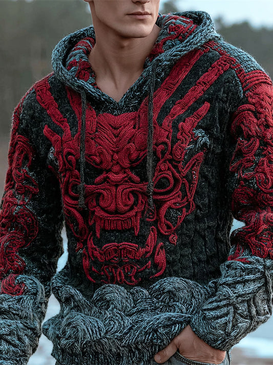 Halloween Japanese Ghost Art Men's Chunky Knit Hooded Sweater elevenforest