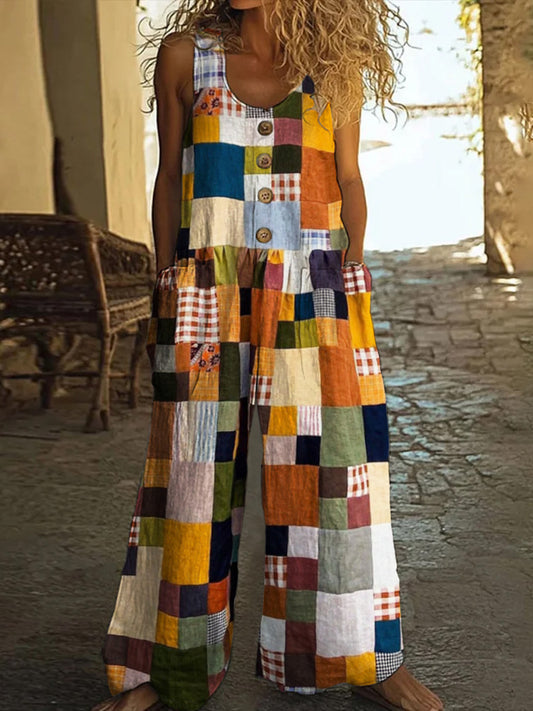 Vintage Square Patchwork Boho Art Women's Linen Wide Leg Jumpsuit artswardrobe