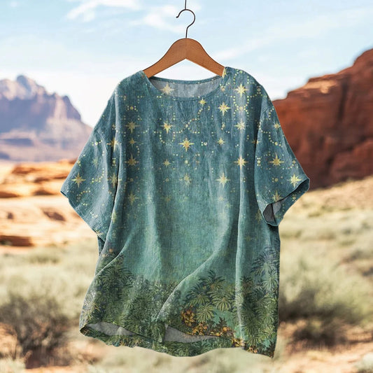 Women's Starry Forest Art Print Casual Linen T-shirt artswardrobe