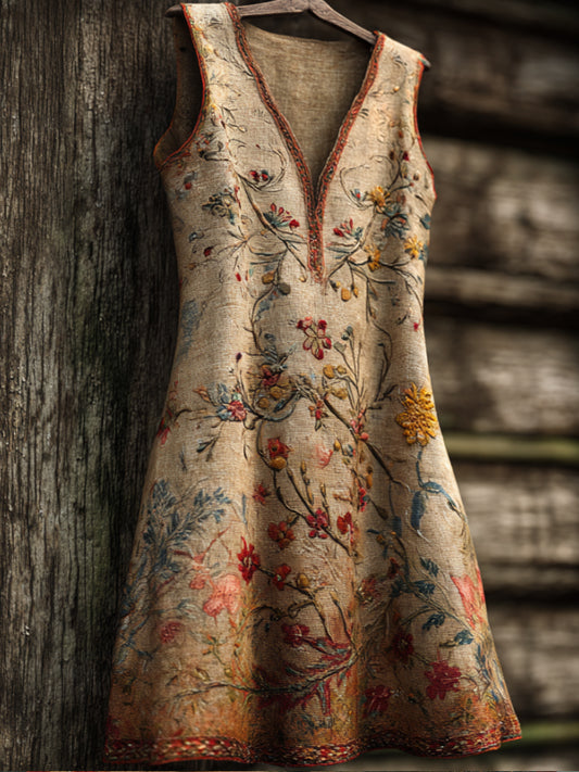 Bohemian Style Floral V-neck Sleeveless Vintage Long Dress artswardrobe