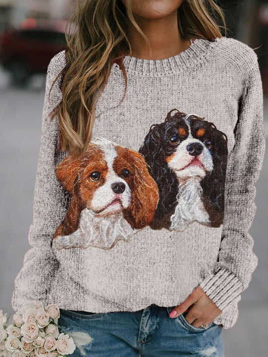 Comstylish Cute Dogs Felt Art Crew Neck Cozy Knit Sweater
