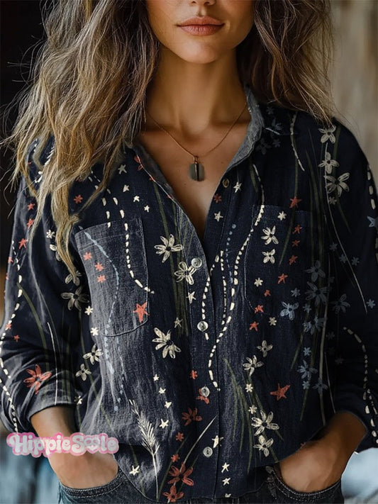 Women's Vintage Folk Floral Art Print Long Sleeve Comfortable Cotton S