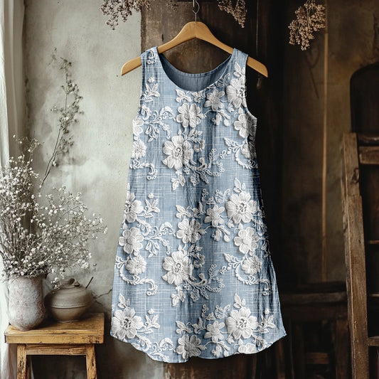 Vintage Floral Lace Embroidered Linen Blend Tank Dress artswardrobe