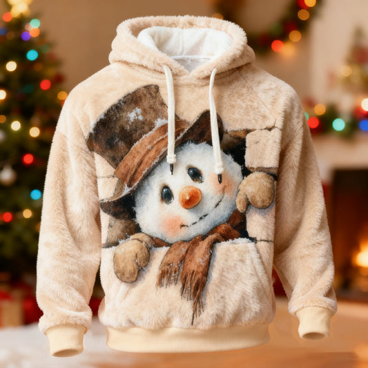 Comstylish Men's Retro Christmas Snowman Plush Hoodie