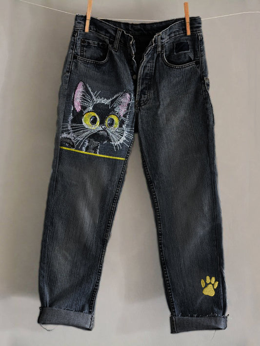 Lovely Black Cat Paw Print Embroidered Washed Jeans elevenforest