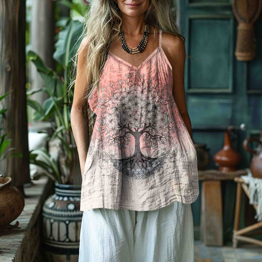 Women's Retro Viking  Tree Of Life Art Gradient Style Linen Art Linen And Cotton Camisole artswardrobe