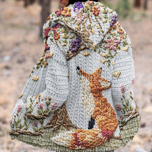 Fox Flower Embroidered Art Print Long Sleeve Kint Hooded Cardigan artswardrobe