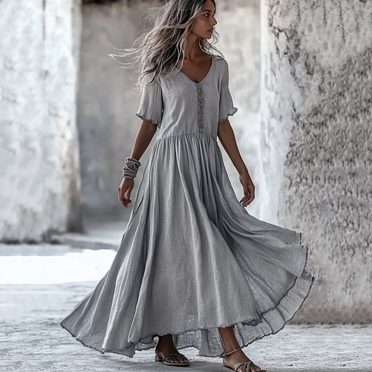 Vintage V Neck Cotton Linen Maxi Dress artswardrobe