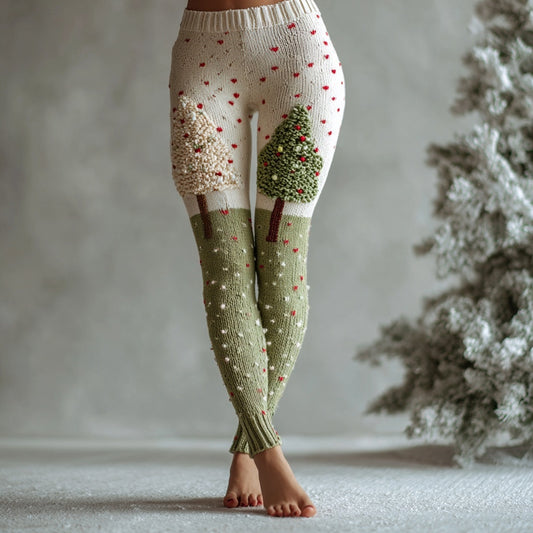 Comstylish Vintage Christmas Tree Embroidered Cozy Knit Leggings