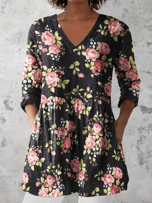 Women's Retro Floral Art Print Casual Cotton And Linen V-neck Top