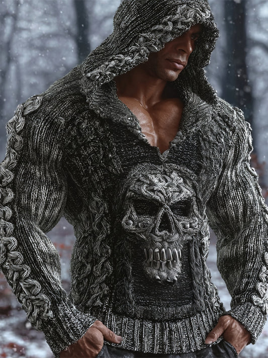 Viking Gothic Skull Art Men's Chunky Knit Hooded Sweater elevenforest