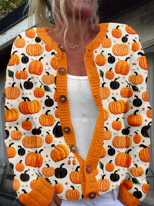 Fall Pumpkins Embroidered Cozy Knit Cardigan artswardrobe