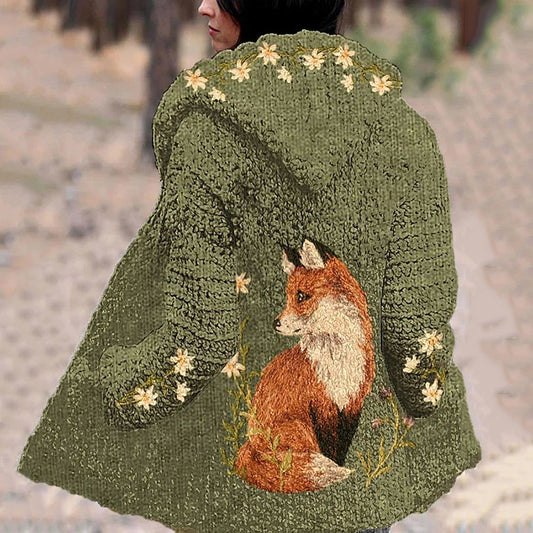 Fox Floral Art Cozy Knit Hooded Cardigan artswardrobe
