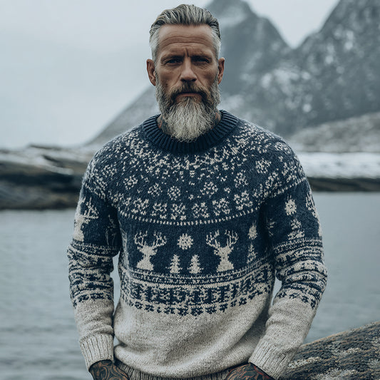 Comstylish Men's Vintage Warmth Jacquard Icelandic Art Cozy Knit Sweater