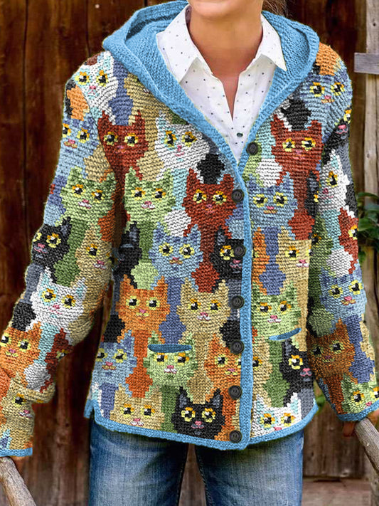 Comstylish Colorful Cats Pattern Cozy Knit Hooded Cardigan