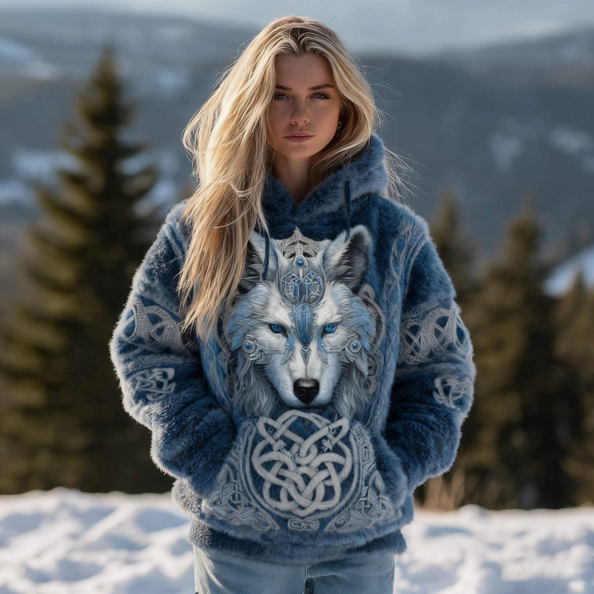 Comstylish Women's Retro Glacier Wolf Celtic Design Pattern Flannel Hoodie