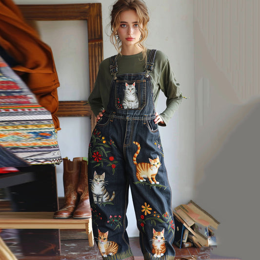 Vintage Cute Cat Floral Pattern Denim Overalls Art Jeans Jumpsuit elevenforest