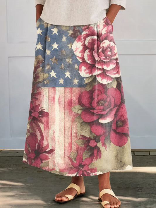Women's Independence Day Floral Flag Art Print Cotton Pocket Skirt