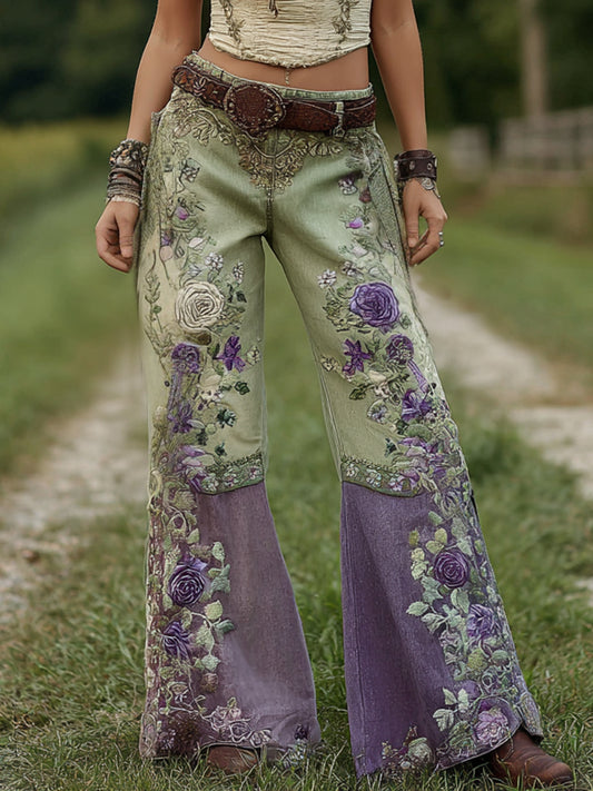 Women's Classy Gradient Purple Lavender And Floral Embroidered Art Loose Jeans artswardrobe