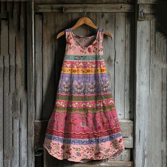 Vintage Floral Patchwork Art Linen Blend Tank Dress artswardrobe