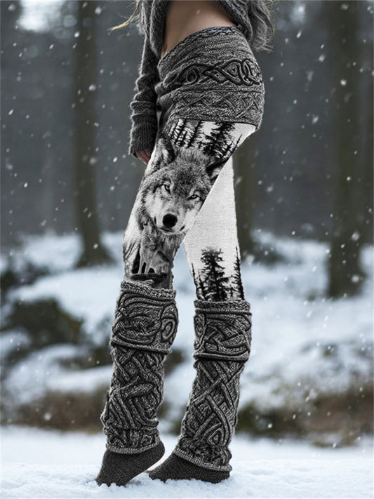 Comstylish Vintage Viking Wolf Dark Forest Cozy Knit Leggings