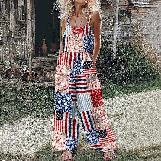 Women's Independence Day American Flag Patch Floral & Paisley Patchwork Linen Print Cotton Linen Jumpsuit artswardrobe
