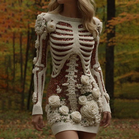 Comstylish Women's Rose Skeleton Art Round Neck Knit Mini Sweater Dress