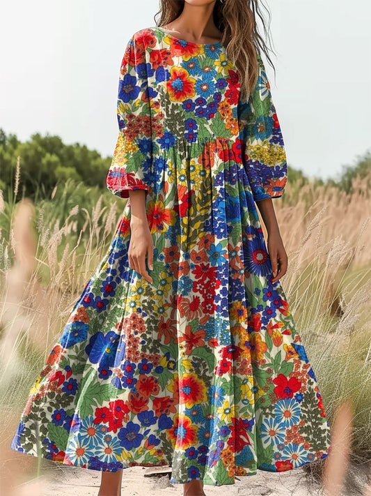 Women's Colorful Floral Art Print Round Neck Pocket Cotton Dress