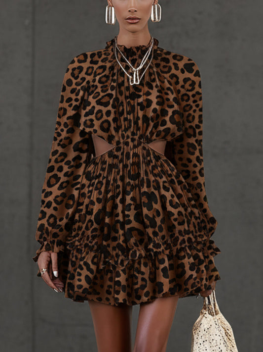 Brown Leopard Suede Ruffle Cutout Long Sleeve  Mini Dress