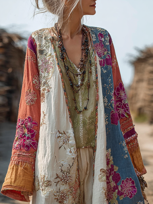Comstylish Bohemian Style Plant And Flower Embroidery Printed Women's Cotton And Linen Long Cardigan