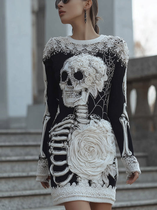 Comstylish Halloween Anatomy Art Gothic Black And White Knitted Dress