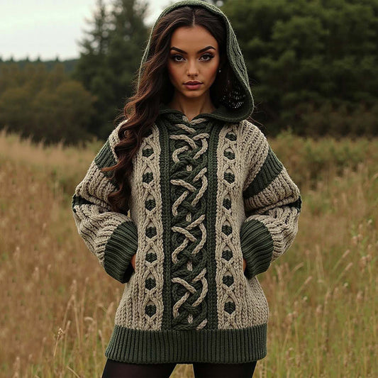 Women's Contrast Weave Jacquard Pocket Hooded Sweater elevenforest