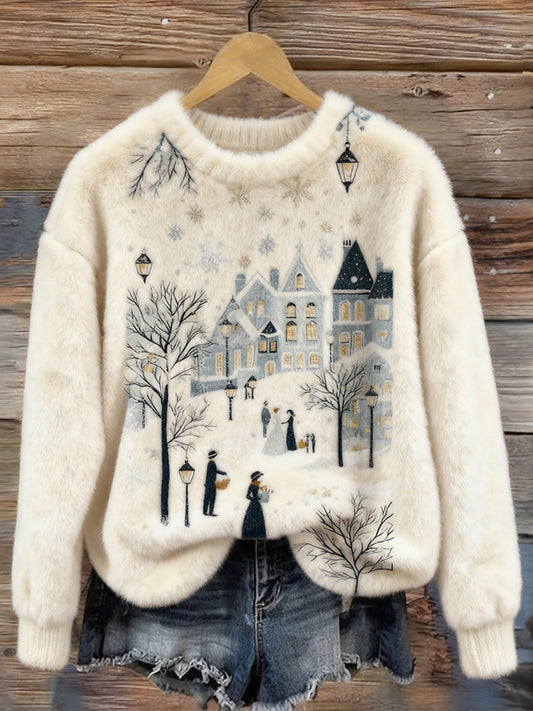 Comstylish Christmas Season Snowy Village Scenery Cozy Plush Sweater