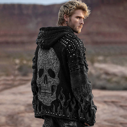 Men's Dark Style Skull And Flame Inspired Knitted Cozy Zipper Up Hooded Cardigan elevenforest