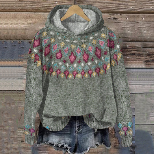Fairman Island Geometric Contrast Print Button Knit Hoodie elevenforest