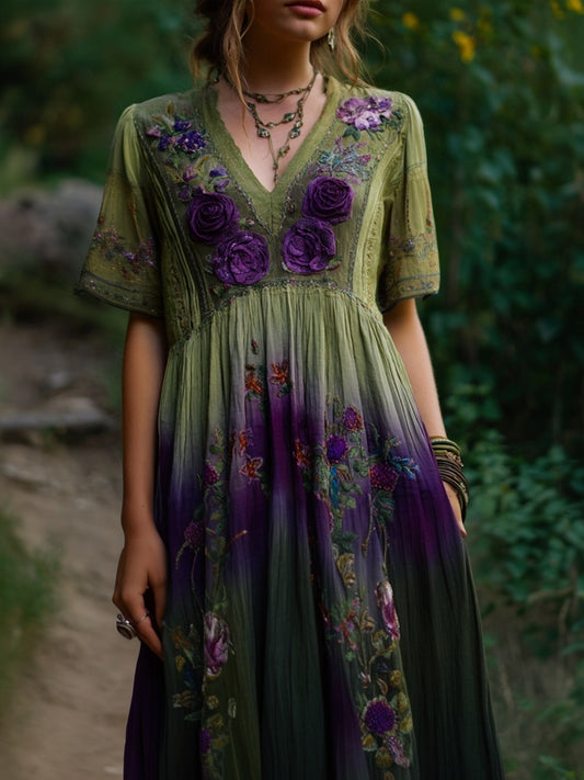 Vintage Purple Roses Embroidered Gradient Linen Maxi Dress artswardrobe