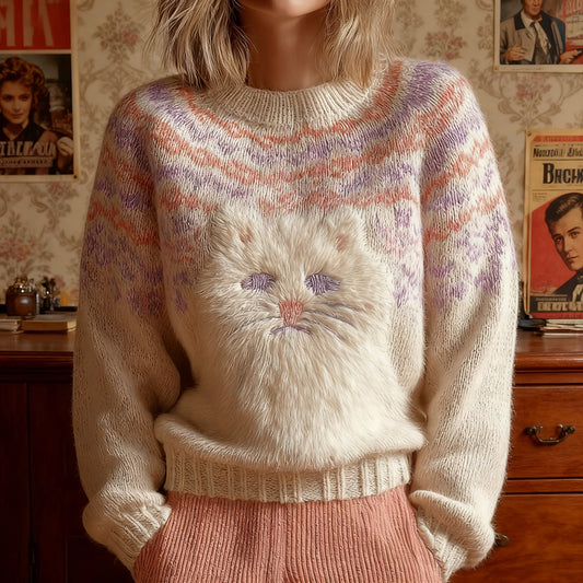 Comstylish "cute Cat Art Pattern Cozy Knit Icelandic Sweater "
