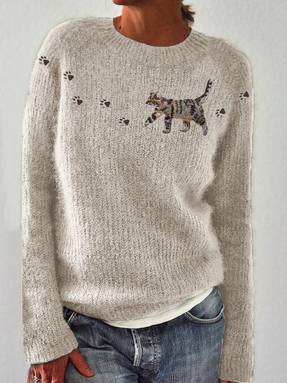 Cat & Paw Prints Yoke Embroidered Cozy Knit Sweater elevenforest