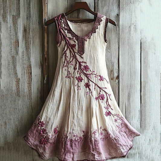 Vintage Celtic Knot With Cherry Blossoms Pattern Linen Tank Dress artswardrobe